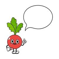 Radish with speech bubble character. Vector hand drawn traditional cartoon vintage, retro, kawaii character illustration icon. Isolated white background. Radish character