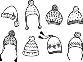 Knitted winter hats in the form of an owl, a bear and a fox. A set of vector icons of warm hats, winter and autumn accessories. Collection of hats with earflaps with animals. Children's clothing.