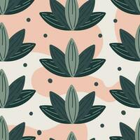 Flat green lotus flower with leaves. Vector seamless boho abstract pattern.