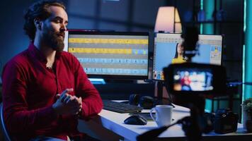 fotógrafo utilizando profesional cámara a película contenido para en línea transmisión plataforma, que se discute acerca de imagen retocar software con espectadores foto editor grabación vídeo presentación fotografía consejos video