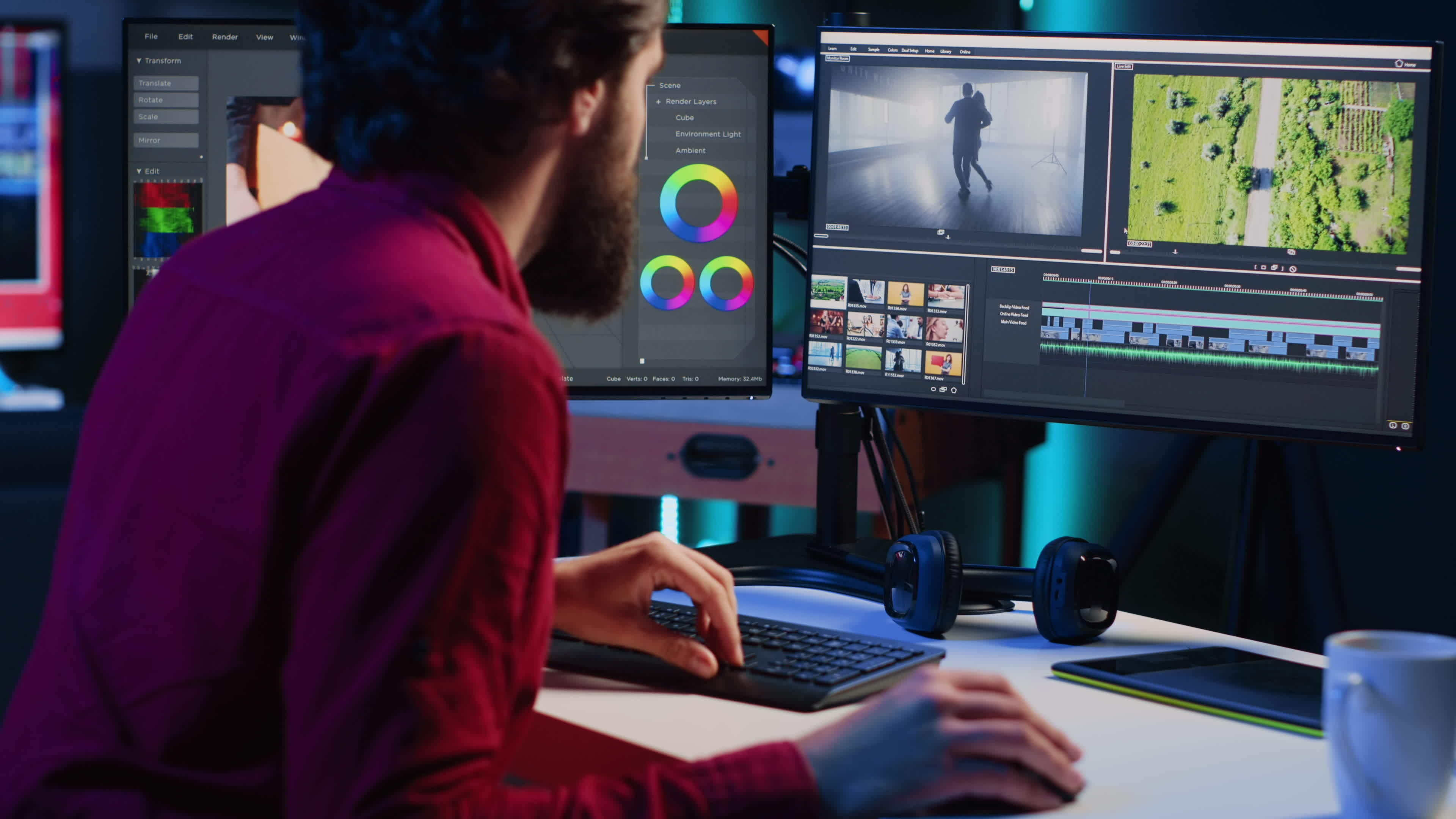 Professional video editor analyzing film montage before editing color
