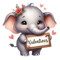 Cute baby elephant watercolor illustration holding a sign or banner, red heart and rose flower Little elephant hand draw cartoon style on valentine day on transparency png file formate