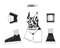 Roller skating outfit 80s black and white 2D line cartoon object. Knee pads, elbow pads, sun visor, leotard isolated vector outline item. Retro clothes, footwear monochromatic flat spot illustration