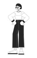Cool korean woman hands on hips black and white 2D line cartoon character. 80s street style asian adult female isolated vector outline person. Nostalgia fashion monochromatic flat spot illustration
