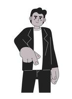 African american young adult man pointing finger black and white 2D cartoon character. Casual business black guy isolated vector outline person. Stretched arm monochromatic flat spot illustration