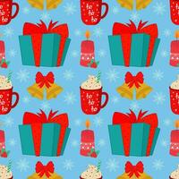 Vector illustration of a seamless Christmas background with elements of parties and celebrations, such as a gift, a bell, a candle and a coffee mug. Stock illustration. New Year's pattern.