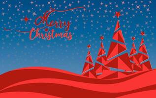 invierno paisaje con resumen arboles bandera y alegre Navidad tipografía saludos. fiesta web rojo antecedentes con estrellado azul cielo, gif tarjeta celebracion contento nuevo año vector
