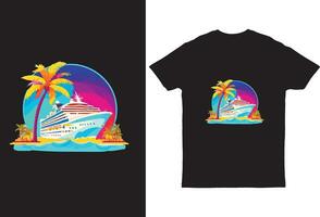 Graphic t-shirt illustration of Palm Tree cruise ship vibrant colors vector