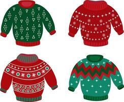 A collection of winter sweaters with different designs. Vector flat illustration.A set of traditional Christmas sweaters, on a white background. Knitted Winter Christmas Pullovers with a funny pattern