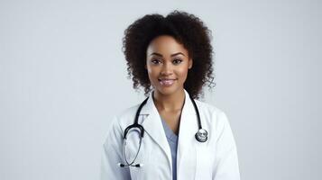 AI generated Black Woman Doctor Isolated on the White Background. Copy Space, DEI, DEIB Concept photo