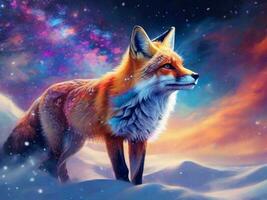 AI Generated portrait of cosmic fire nine tail fox, dynamic posture, realistic texture detailing, unrealistic, natural vibrant lighting photo