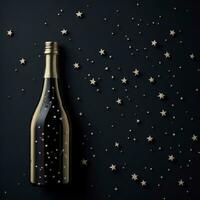 AI Generated Black champagne bottle silhouette golden bubbles explosion photo