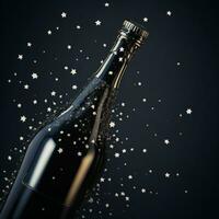 AI Generated Black champagne bottle silhouette golden bubbles explosion photo