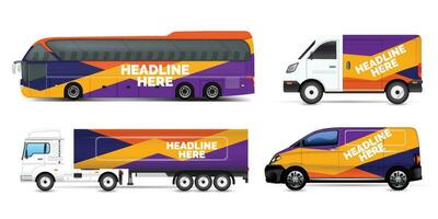 Vector car identity template design set of Coach Promo tour Bus, Cargo Van, and Commercial Car isolated on grey. Abstract hi-tech technology geometric elements for Brand identity and Advertising