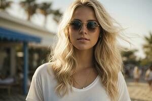 AI generated a beautiful blonde woman wearing sunglasses on the beach photo