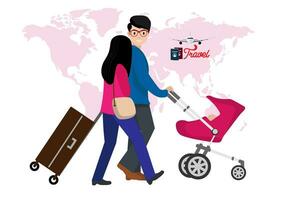 Mother and father pushing a baby stroller together Mom and Dad walked around on the weekend. Vector illustration