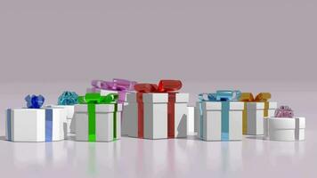 3D animated gift boxes fall in glossy floor. 4K animation video