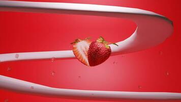 3d animering jordgubb gående upp och splittring. följt förbi mjölk gående ner spiral i röd bakgrund, stänga upp. främre se, perfekt för annons, dryck produkt, smak, mellanmål, vitamin, frukt video