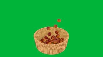 animated apple falling into basket in slow motion, green screen background, 3D. 4K animation video