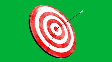 animation of round target appears and the arrow hits it. shot from side and top view. green screen background. 4K animation video
