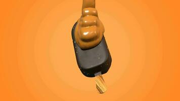 animated chocolate peanut ice cream with melted caramel flowing on, in orange and green screen background video