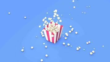 Animated Popcorn falling from above filling out red and white striped bucket with slow motion in the middle of the animation video