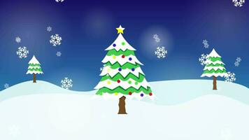 neve caduta animazione video, Natale albero movimento grafica, nevicata video, nuovo anno albero 4k video, Natale albero decorazione e stella e palle, abete albero, adatto per sociale media e saluto video