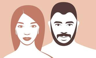 Man and woman front view portraits. Arab bearded man with moustache and European woman. Minimalistic style. Diversity of choice concept. vector