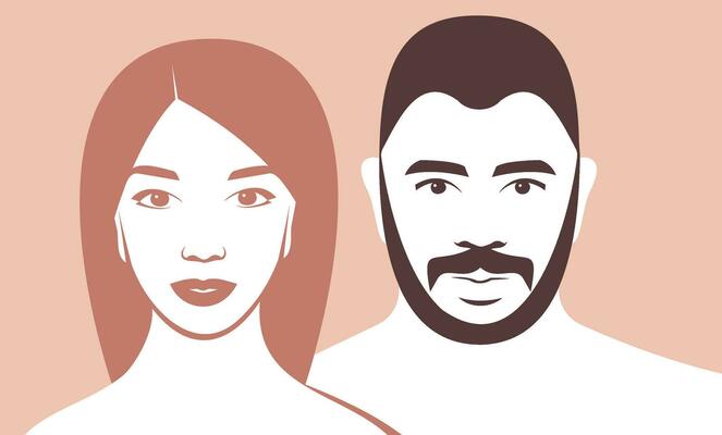 Man and woman front view portraits. Arab bearded man with moustache and European woman. Minimalistic style. Diversity of choice concept.