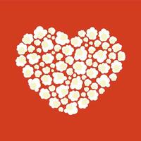 Pop corn flakes inside a shape of heart. Red background. Square composition. Movie premier, cinema date concept. vector