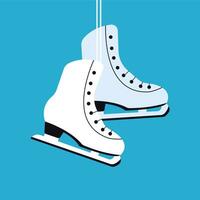 Ice skating pair of shoes hanged with lace. Blue background. vector