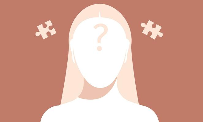 Female faceless silhouette head template with question mark and puzzle pieces around.