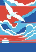 One seagull flying on top of the sea landscape. Cloudy sky with sunset. Vertical poster. vector