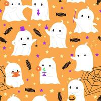 Vector cartoon ghost seamless pattern with candy and spider net. Orange color backgroung