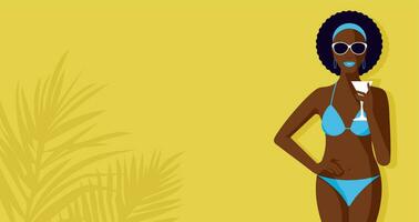 negro mujer en azul bikini sostener vaso. horizontal amarillo antecedentes con tropical palma salir sombra. vector