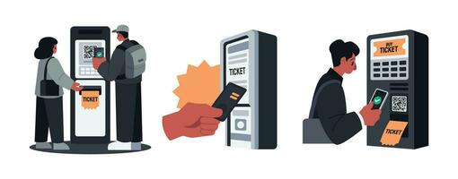 Ticket Kiosk Contactless Payment Buying Tickets Vector Illustrations Set