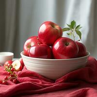 AI generated fresh red Apples in white bowl on light red fabric photo