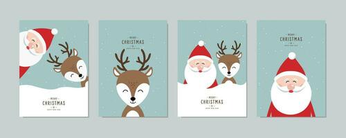 Christmas card set. Santa and Reindeer Merry Christmas greeting with lettering vector. vector