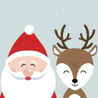 Santa and reindeer cartoon merry christmas card snowy background vector