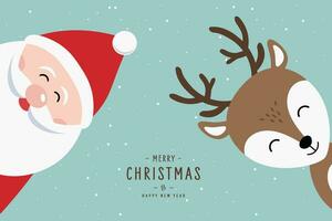 Santa and reindeer cute cartoon merry christmas lettering snowy background vector