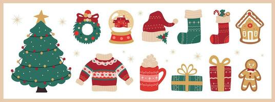 Navidad pegatina colocar, fiesta decoraciones, dibujos animados dibujos con símbolos, abeto árbol, de santa sombrero, calentar suéter, regalo cajas y otro acogedor objetos. vector ilustración.