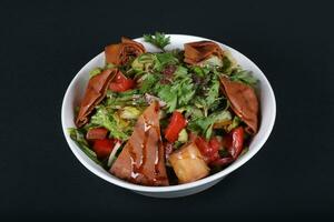 Lebanese Fattoush Salad with fried bread and fresh green vegetables cooking on grill in restaurant kitchen photo