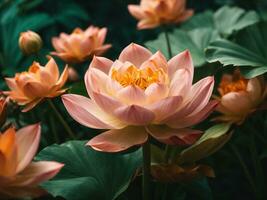 AI generated Lotus Flower Bloom. Beautiful Background with Blooming Lotus Flowers photo