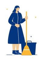 Cleaning lady with broom and bucket, flat vector illustration.