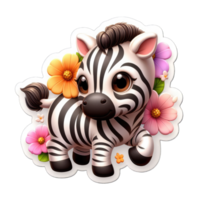 Floral Embrace with Cartoon Zebra, Sticker png