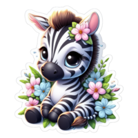 Blumen- Umarmung mit Karikatur Zebra, Aufkleber png
