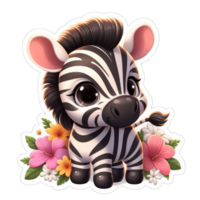 Floral Embrace with Cartoon Zebra, Sticker png