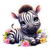 Floral Embrace with Cartoon Zebra, Sticker png