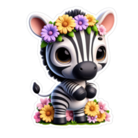 Floral Embrace with Cartoon Zebra, Sticker png