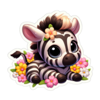 Floral Embrace with Cartoon Zebra, Sticker png